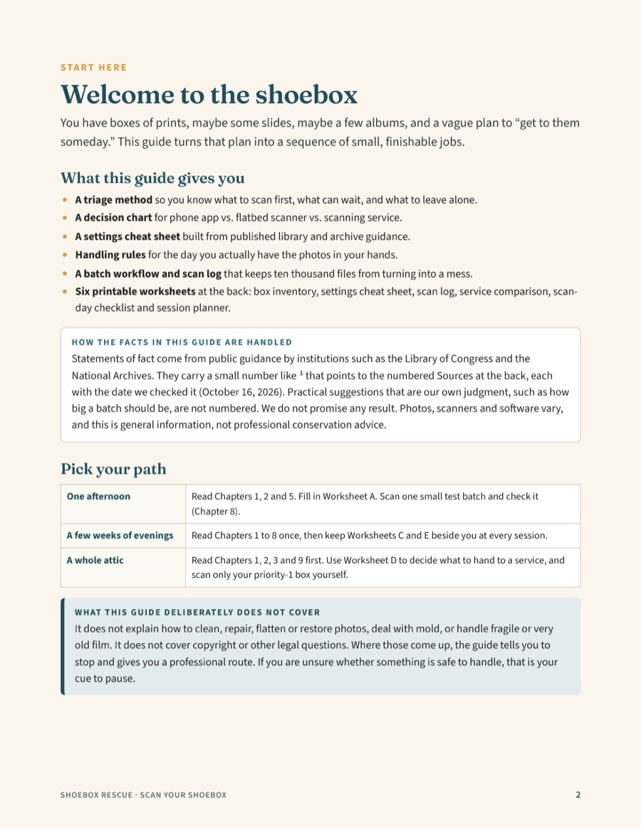 Preview page from Scan Your Shoebox: Welcome and “Pick your path” (page 2)