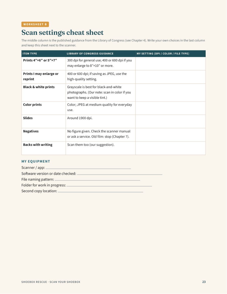 Preview page from Scan Your Shoebox: Worksheet B: scan settings cheat sheet (page 23)