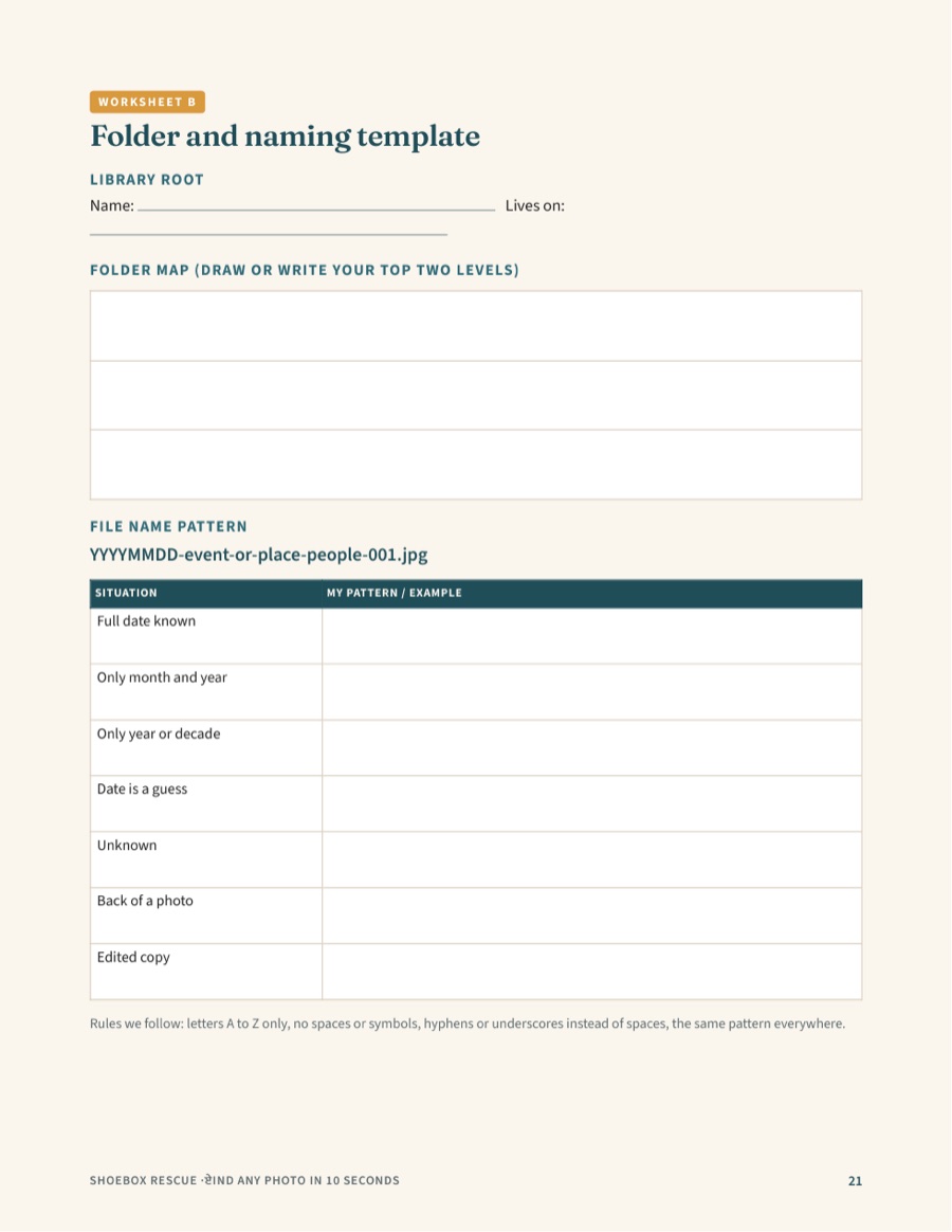 Preview page from Find Any Photo in 10 Seconds: Worksheet B: folder and naming template (page 21)