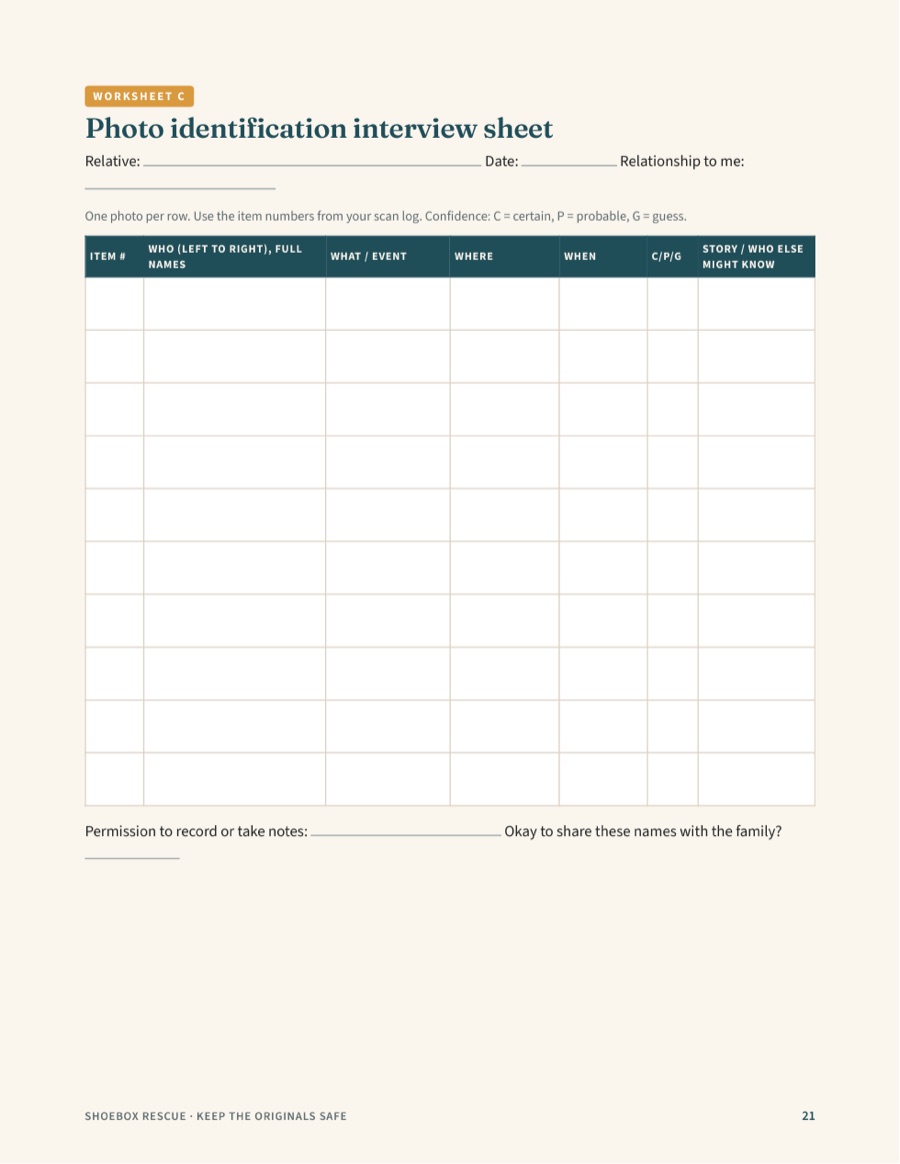 Preview page from Keep the Originals Safe: Worksheet C: photo identification interview sheet (page 21)
